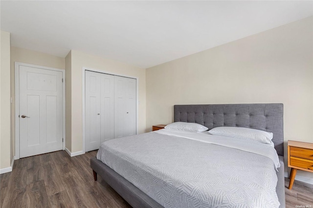 bedroom with dark hardwood / wood-style flooring and a closet