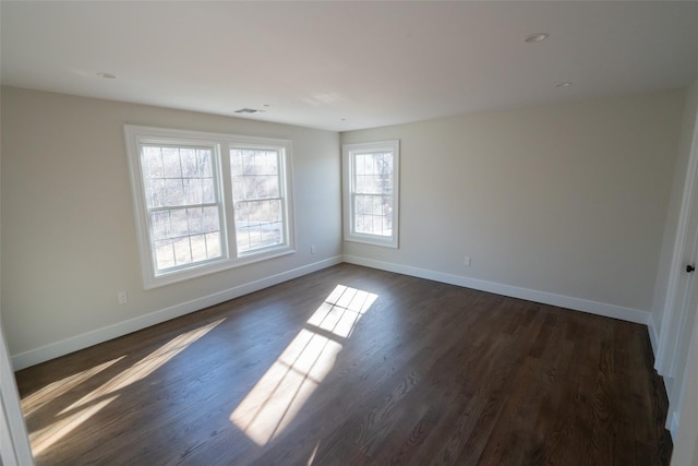 empty room featuring a healthy amount of sunlight and dark wood-type flooring