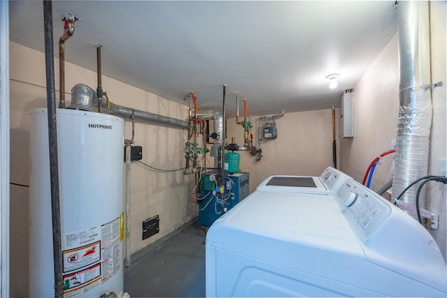 laundry area with separate washer and dryer, electric panel, and gas water heater