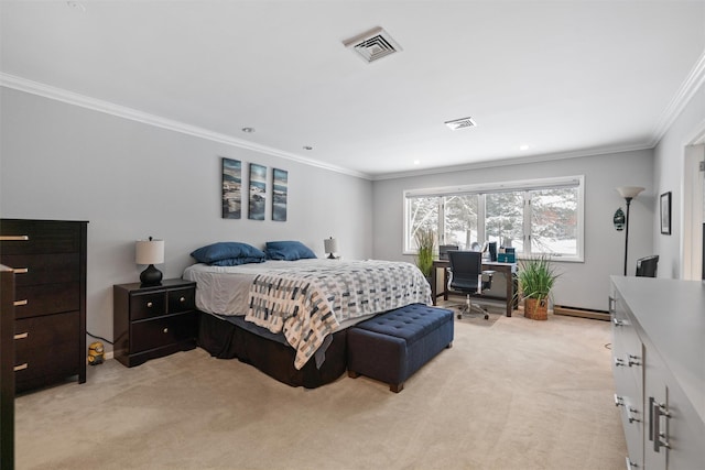 bedroom featuring ornamental molding, light colored carpet, and a baseboard radiator