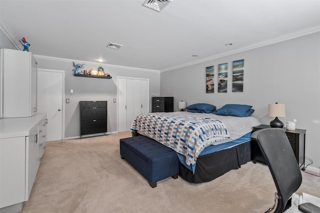 bedroom featuring ornamental molding and light carpet