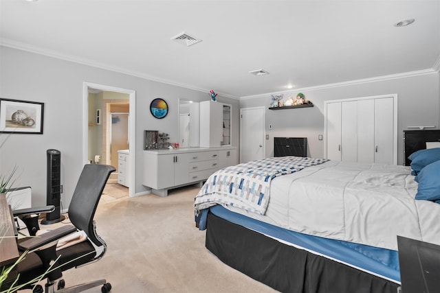 bedroom with a closet, ornamental molding, and light carpet