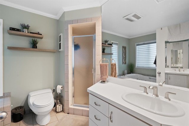 bathroom featuring vanity, ornamental molding, tile patterned flooring, and a shower with door