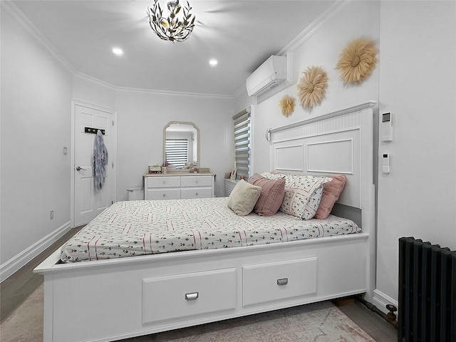 bedroom with radiator heating unit, dark hardwood / wood-style floors, a wall mounted AC, and ornamental molding