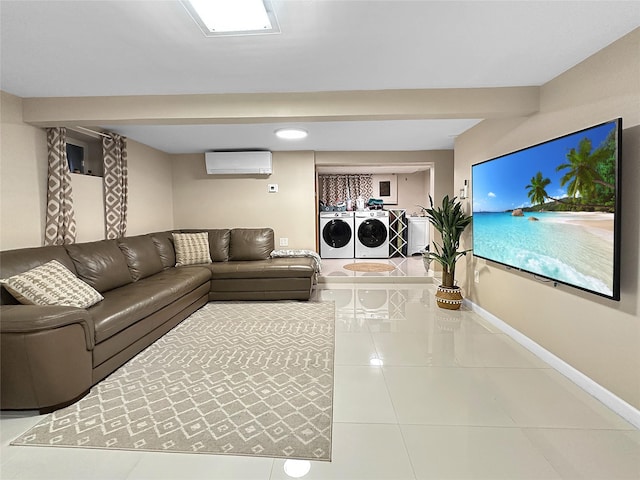 living room featuring washer and clothes dryer, tile patterned flooring, and a wall mounted AC