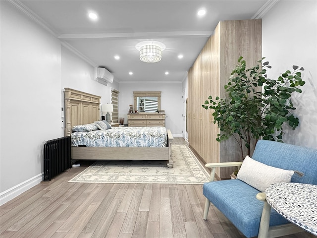 bedroom featuring a wall mounted air conditioner, crown molding, an inviting chandelier, beamed ceiling, and light hardwood / wood-style floors