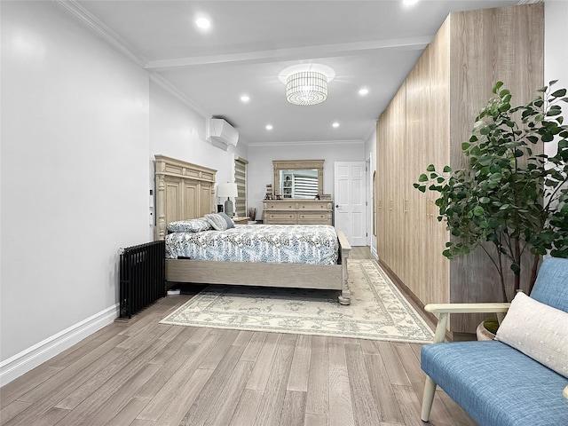 bedroom with beam ceiling, a notable chandelier, a wall mounted AC, crown molding, and light wood-type flooring