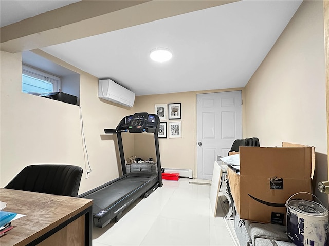 exercise area with a wall mounted AC and a baseboard heating unit