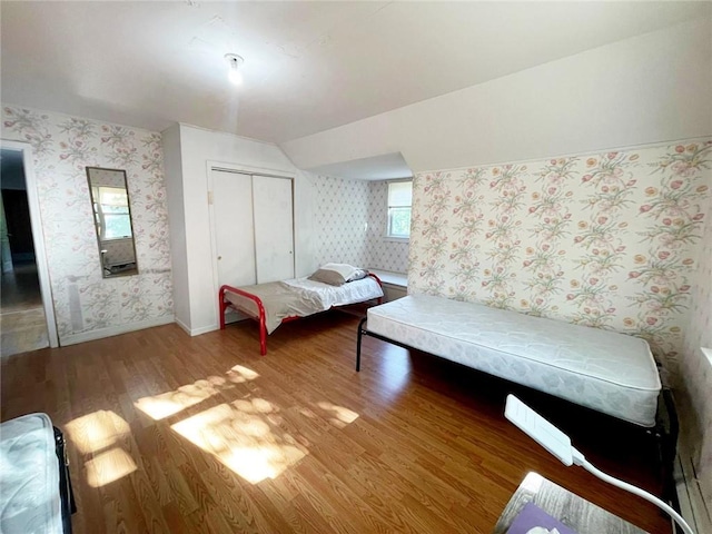 bedroom featuring a closet, vaulted ceiling, and hardwood / wood-style flooring