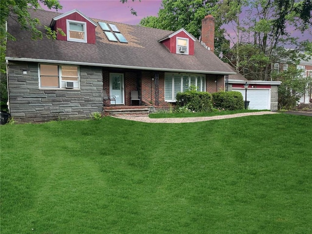 cape cod-style house featuring a garage, cooling unit, and a lawn