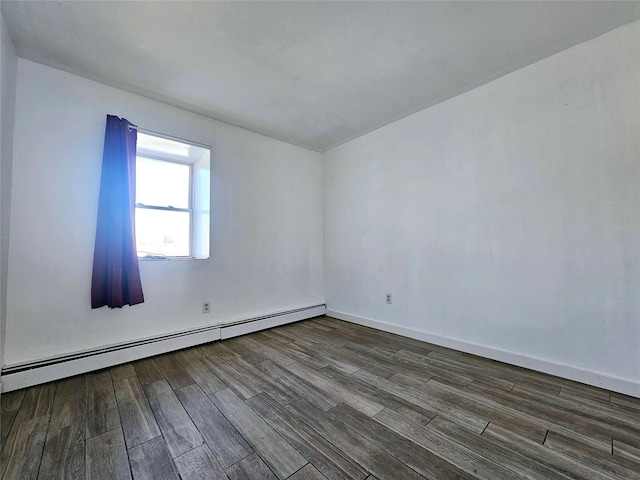 unfurnished room featuring dark hardwood / wood-style floors and a baseboard heating unit