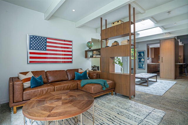 living area with beamed ceiling and recessed lighting