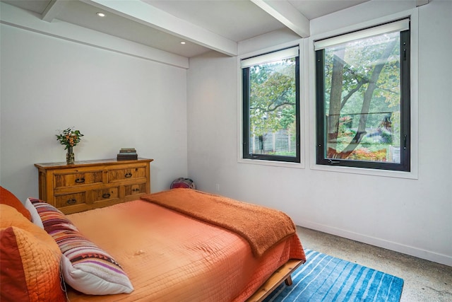 bedroom featuring recessed lighting, baseboards, beam ceiling, and speckled floor