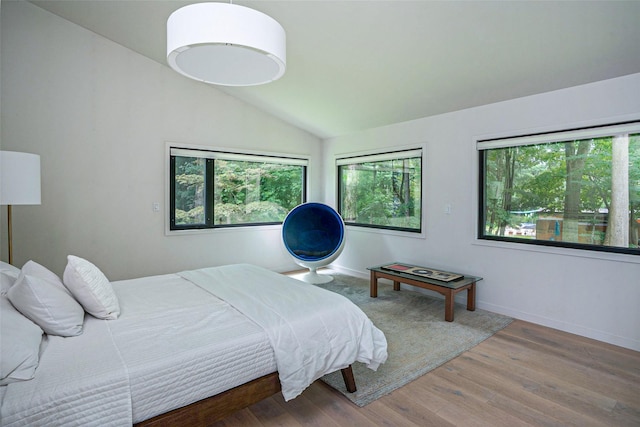 bedroom featuring multiple windows, vaulted ceiling, baseboards, and wood finished floors