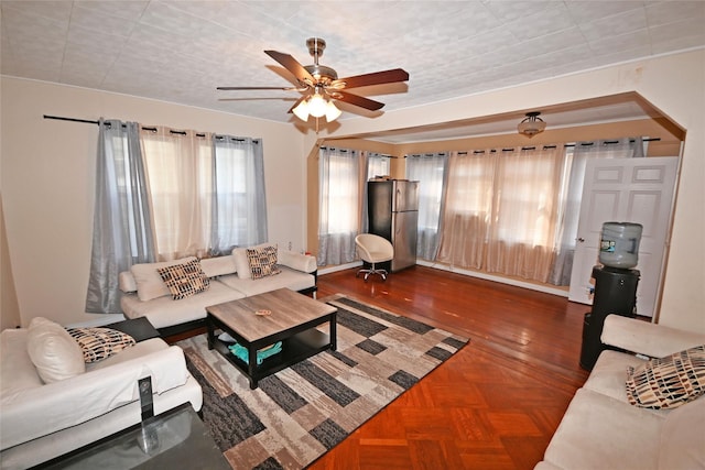 living room with ceiling fan