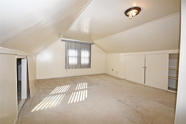 additional living space with light colored carpet and vaulted ceiling