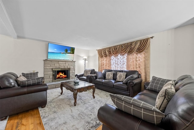 living room featuring a fireplace and hardwood / wood-style floors