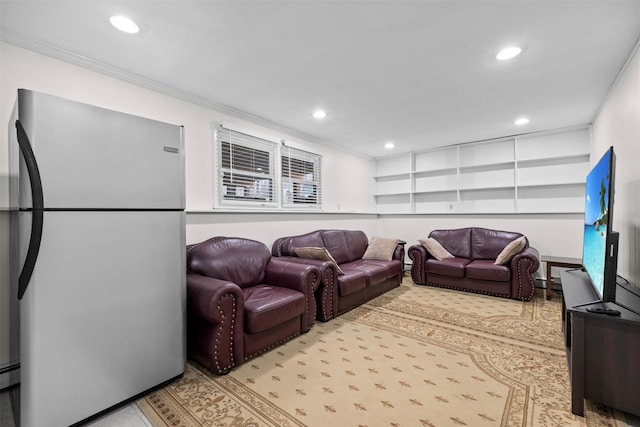 living room with ornamental molding