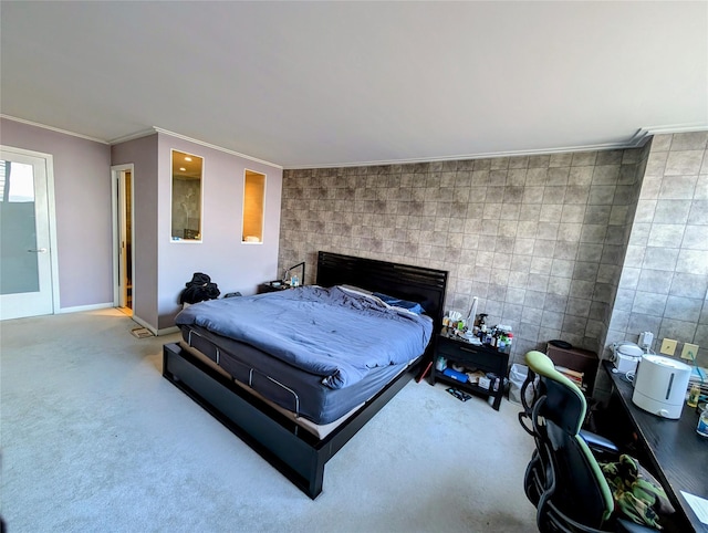 bedroom featuring tile walls, crown molding, and carpet flooring