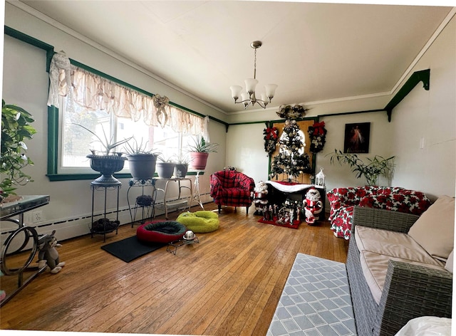 interior space featuring wood-type flooring, a wealth of natural light, and an inviting chandelier