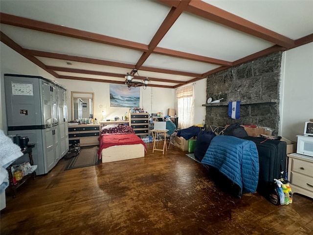 interior space featuring beamed ceiling, dark hardwood / wood-style flooring, and coffered ceiling