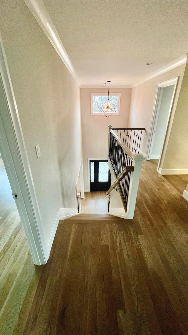 57 William St, Bethpage, NY 11714 - stairway with crown molding, a chandelier, and wood finished floors