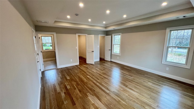 57 William St, Bethpage, NY 11714 - unfurnished bedroom featuring a raised ceiling, multiple windows, wood finished floors, a spacious closet, and recessed lighting