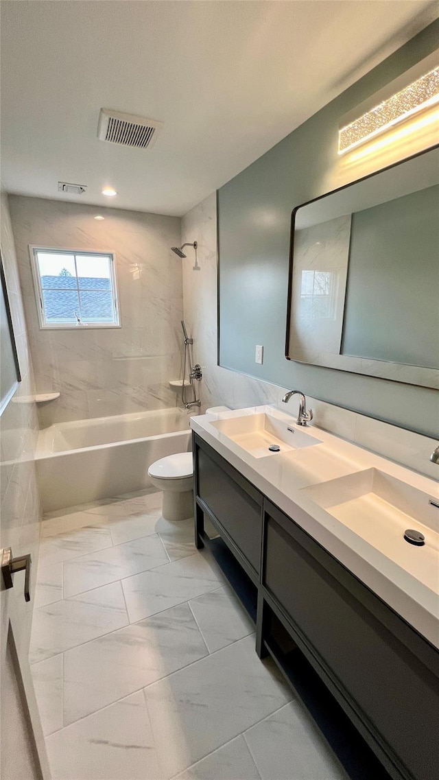 57 William St, Bethpage, NY 11714 - full bathroom with double vanity, bathing tub / shower combination, and marble finish flooring