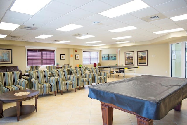 rec room featuring a drop ceiling and pool table