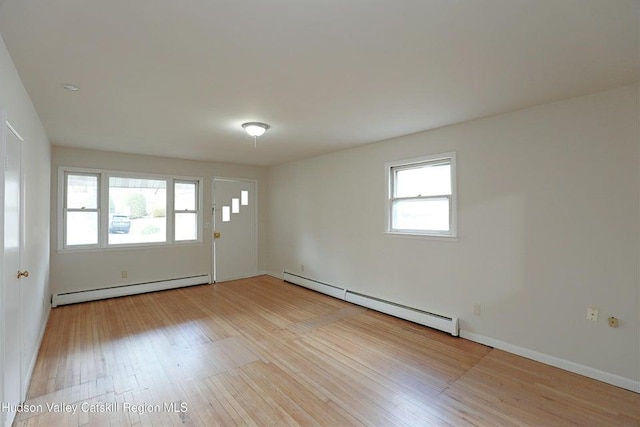 spare room with light hardwood / wood-style flooring and baseboard heating