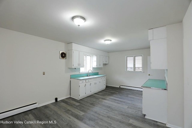 kitchen with sink, dark wood-type flooring, white cabinets, and baseboard heating