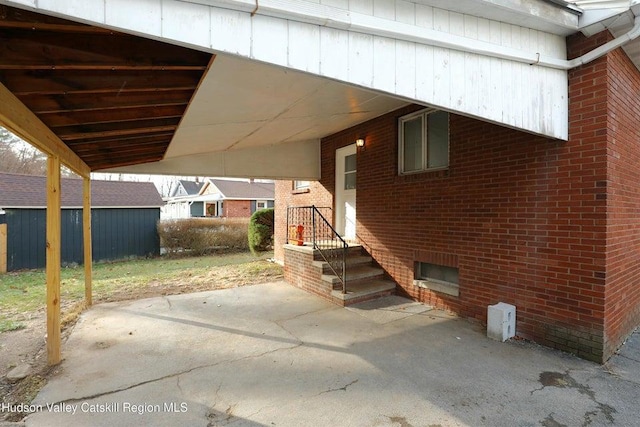 exterior space with a shed