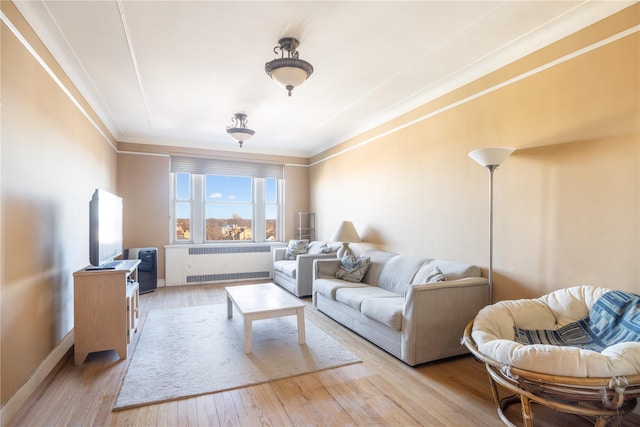 living room featuring light hardwood / wood-style floors, ornamental molding, and radiator