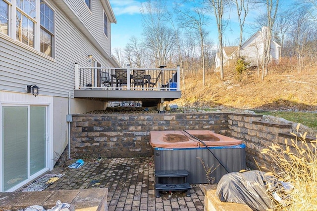 view of patio featuring a hot tub