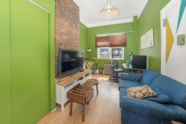 living room featuring radiator heating unit and light hardwood / wood-style flooring