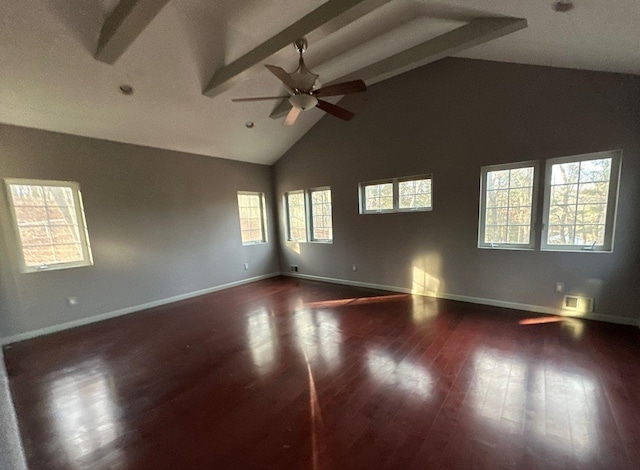 spare room with vaulted ceiling with beams, ceiling fan, and dark hardwood / wood-style flooring