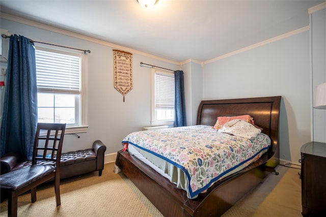 carpeted bedroom featuring crown molding