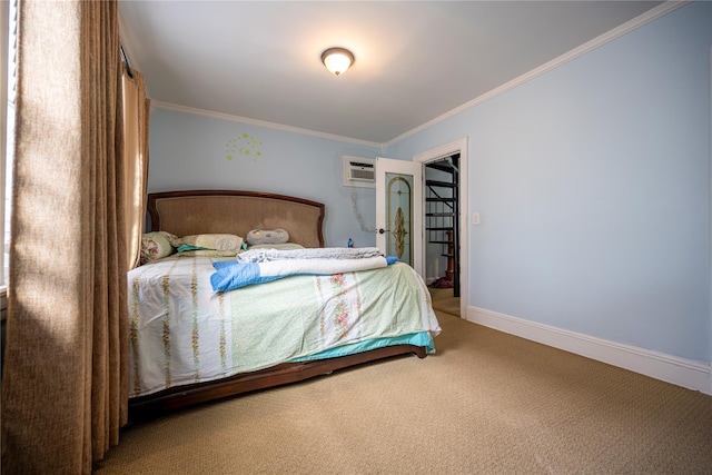 carpeted bedroom featuring a wall mounted AC and ornamental molding