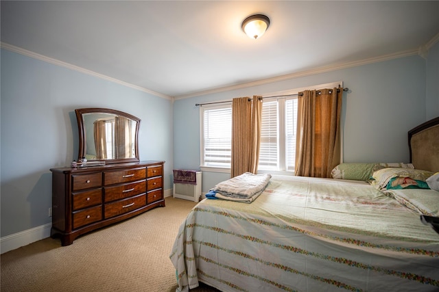 bedroom with light colored carpet and crown molding