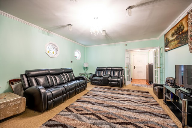 carpeted living room featuring ornamental molding and a chandelier