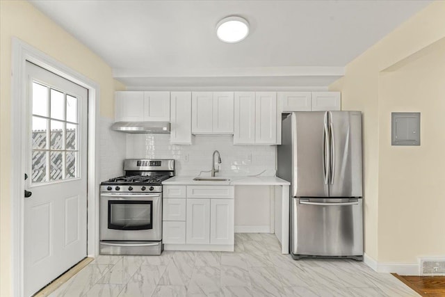 kitchen with under cabinet range hood, electric panel, marble finish floor, stainless steel appliances, and a sink