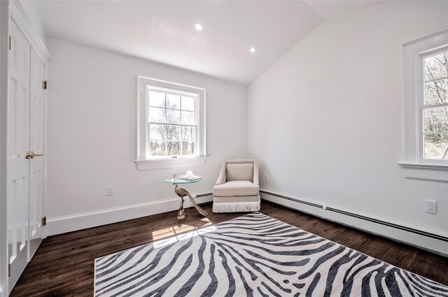 living area featuring lofted ceiling, dark wood-type flooring, and a baseboard radiator