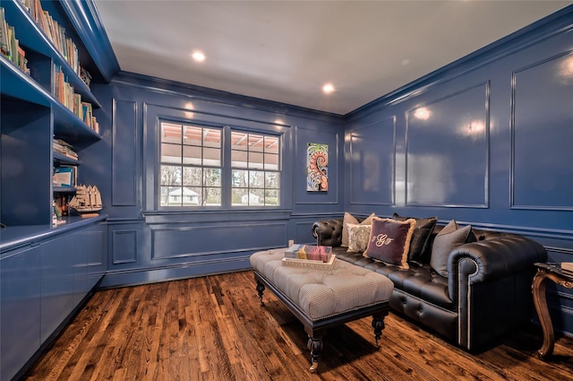 interior space with ornamental molding and dark wood-type flooring