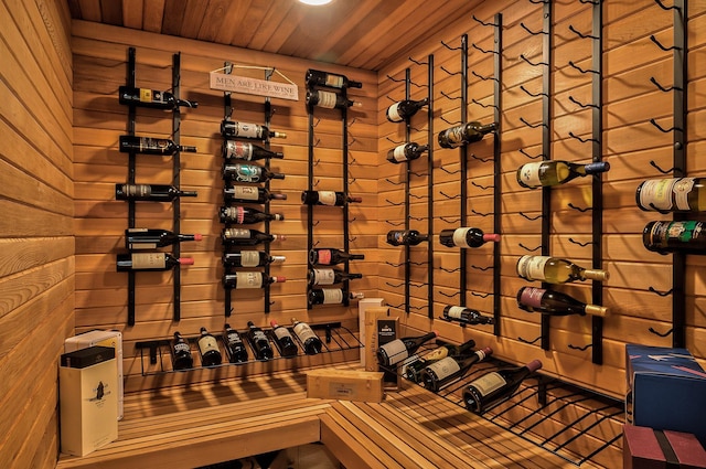 wine room with wood ceiling