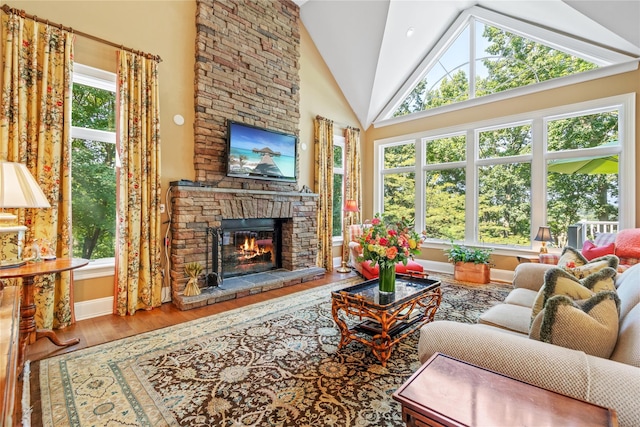 living room featuring wood-type flooring, high vaulted ceiling, and a fireplace