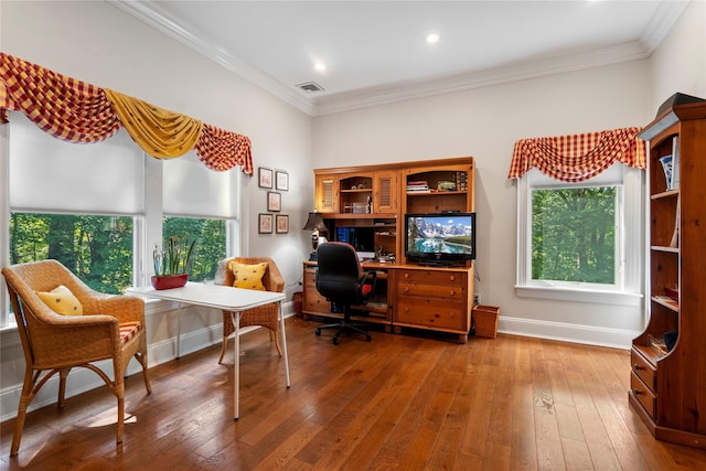 office featuring crown molding and wood-type flooring