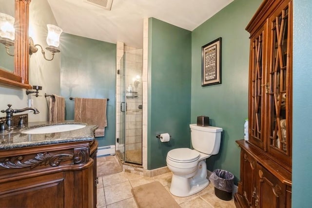 bathroom with tile patterned floors, vanity, baseboard heating, toilet, and a shower with shower door