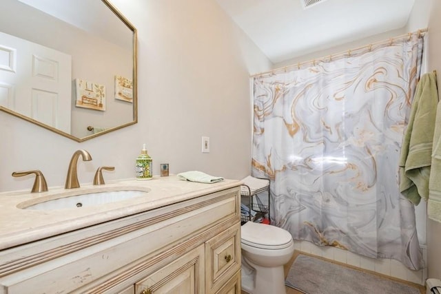 bathroom featuring a shower with shower curtain, vanity, a baseboard radiator, and toilet