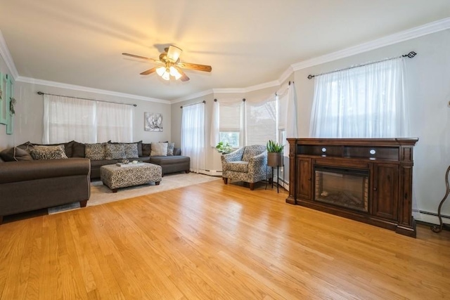 living room featuring ceiling fan, light hardwood / wood-style floors, baseboard heating, and crown molding