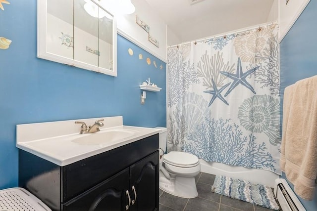 bathroom featuring toilet, tile patterned flooring, vanity, and a baseboard heating unit